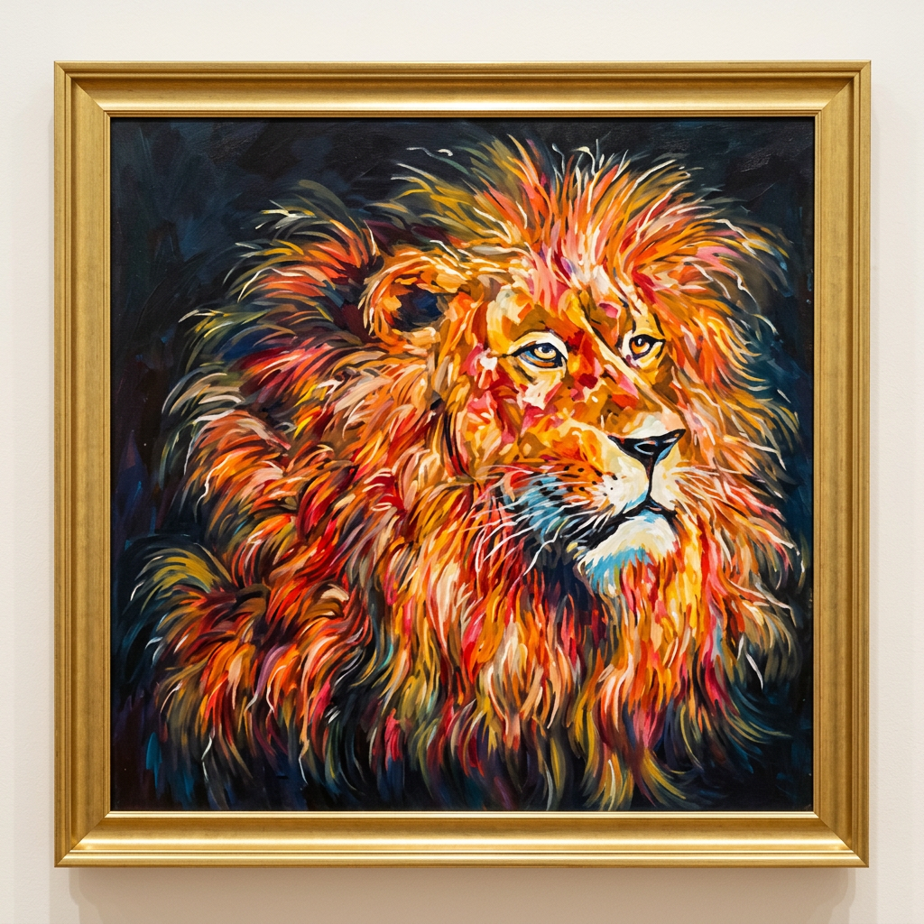 Dr Jaimie's lion painting, the colourful piece that hangs in his home